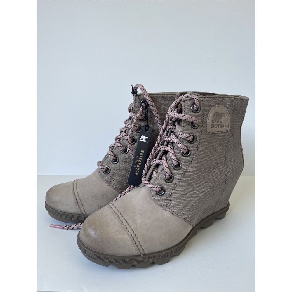 Sorel Joan of Artic Wedge II PDX Women’s 9.5 Taupe Canvas Leather Ankle Boot - Picture 2 of 14